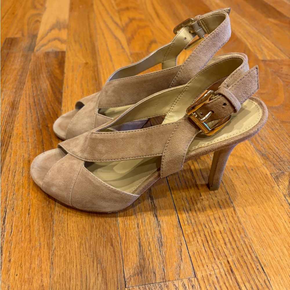 MICHAEL Michael Kors Taupe Suede Peep-Toe Slingback Heels with Gold Buckle